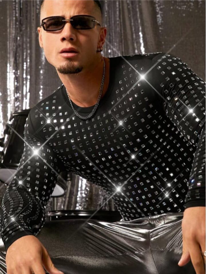 Men's Rhinestone Decorated Tight Fit Crew Neck Long Sleeve T - Shirt
